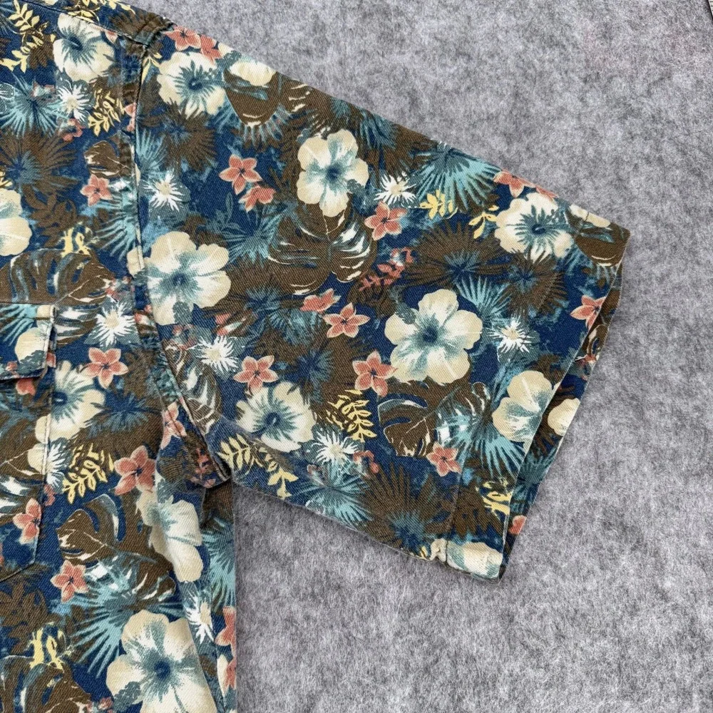 Wrangler Mens Blue Tropical Hibiscus Floral Short Sleeve Snap Pocket Shirt L